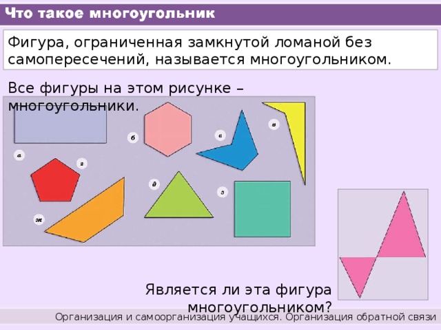 Фигура, ограниченная замкнутой ломаной без самопересечений, называется многоугольником. Все фигуры на этом рисунке – многоугольники. Является ли эта фигура многоугольником? Организация и самоорганизация учащихся. Организация обратной связи