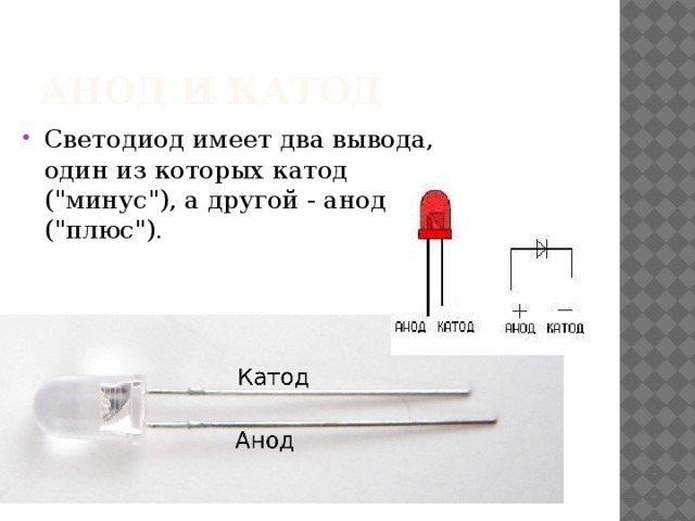 Анод и катод Светодиод имеет два вывода, один из которых катод (