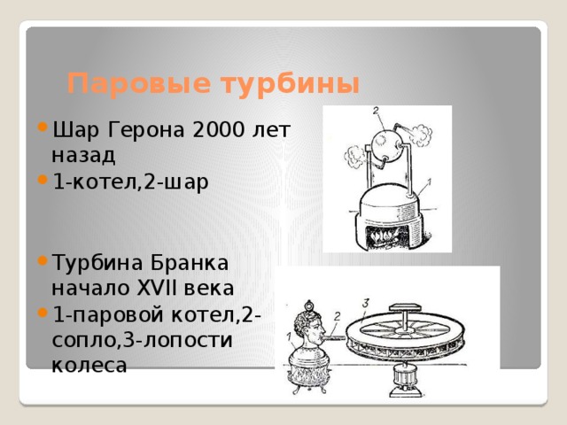 Паровые турбины Шар Герона 2000 лет назад 1-котел,2-шар Турбина Бранка начало XVII века 1-паровой котел,2-сопло,3-лопости колеса 