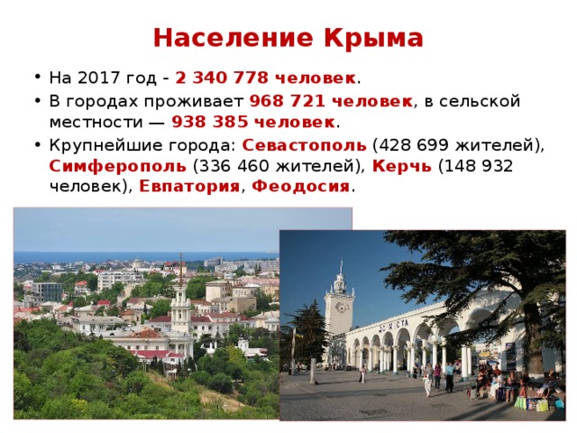 Население Крыма На 2017 год - 2 340 778 человек . В городах проживает 968 721 человек , в сельской местности — 938 385 человек . Крупнейшие города: Севастополь (428 699 жителей), Симферополь (336 460 жителей), Керчь (148 932 человек), Евпатория , Феодосия . 