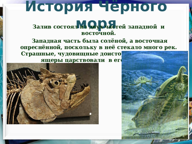 История Чёрного моря Залив состоял из двух частей западной и восточной.  Западная часть была солёной, а восточная опреснённой, поскольку в неё стекало много рек. Страшные, чудовищные доисторические рыбы и ящеры царствовали в его глубинах.  