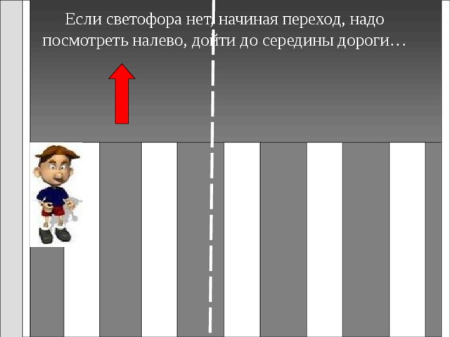 Если светофора нет, начиная переход, надо посмотреть налево, дойти до середины дороги… 