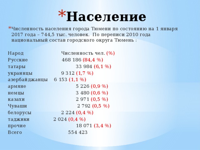 Население Численность населения города Тюмени по состоянию на 1 января 2017 года – 744,5 тыс. человек. По переписи 2010 года национальный состав городского округа Тюмень : Народ  Численность чел. (%) Русские  468 186 (84,4 %) татары  33 984 (6,1 %) украинцы  9 312 (1,7 %) азербайджанцы  6 153 (1,1 %) армяне  5 226 (0,9 %) немцы  3 480 (0,6 %) казахи  2 971 (0,5 %) Чуваши  2 792 (0,5 %) белорусы  2 224 (0,4 %) таджики  2 024 (0,4 %) прочие   18 071 (3,4 %) Всего  554 423 