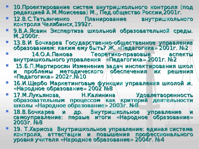 10.Проектирование систем внутришкольного контроля (под редакцией А.М.Моисеева) М., Пед.общество России,2001г. 12.В.С.Татьянченко Планирование внутришкольного контроля Челябинск,1992г. 9.В.А.Ясвин Экспертиза школьной образовательной среды. М.,2000г. 13.В.И Бочкарев Государственно-общественное управление образованием: каким ему быть? Ж. «Педагогика» 2001г. №2  14.О.А.Панова Теоретико-правовые аспекты внутришкольного управления «Педагогика» 2001г. №2  15.Б.П.Мартиросян Изменение задач инспектирования школ и проблемы методического обеспечения их решения «Педагогика» 2002г.№10 16.И.Щербо Маркетинговые функции управления школой ж. «Народное образование» 2002 №8 17.М.Лукьянова, Н.Калинина Удовлетворенность образовательным процессом как критерий деятельности школы «Народное образование» 2003г. №8 18.В.Бочкарев и др. Внутришкольное управление и самоуправление: первые итоги «Народное образование» 2003г. №8 19. Т.Харисов Внутришкольное управление: единая система контроля, аттестации и повышения профессионального уровня учителя «Народное образование» 2004г. №4 