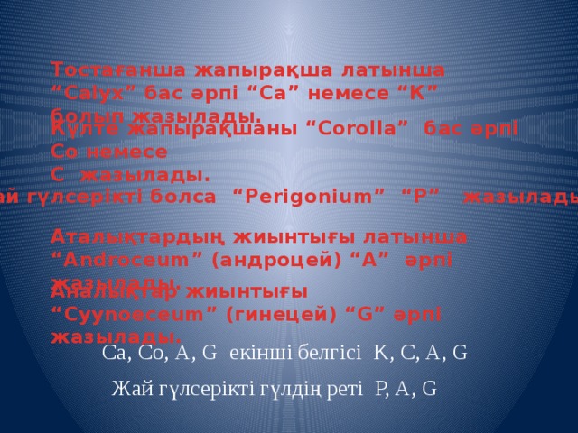 Тостағанша жапырақша латынша “Calyx” бас әрпі “Са” немесе “К” болып жазылады.   Күлте жапырақшаны “Corolla” бас әрпі Со немесе С жазылады. Жай гүлсерікті болса “Perigonium” “P” жазылады. Аталықтардың жиынтығы латынша “Androceum” (андроцей) “А” әрпі жазылады. Аналықтар жиынтығы “Cyynoeceum” (гинецей) “G” әрпі жазылады.  Са, Со, А, G екінші белгісі K, C, A, G Жай гүлсерікті гүлдің реті P, A, G  