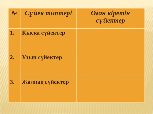 № Сүйек типтері 1. Оған кіретін сүйектер Қысқа сүйектер 2. Ұзын сүйектер 3. Жалпақ сүйектер 