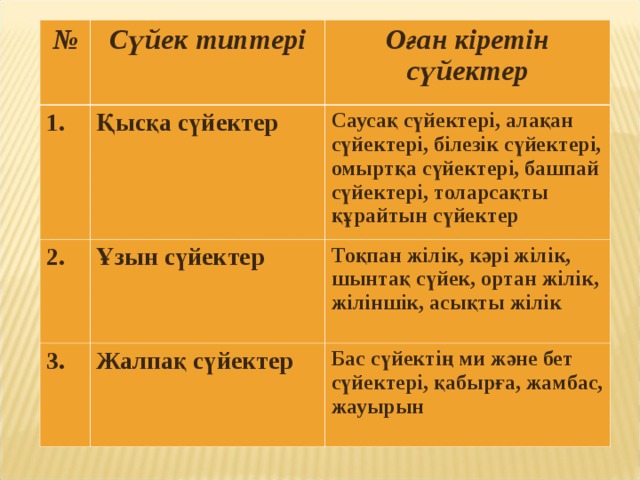 № Сүйек типтері 1. Қысқа сүйектер 2. Оған кіретін сүйектер Ұзын сүйектер 3. Саусақ сүйектері, алақан сүйектері, білезік сүйектері, омыртқа сүйектері, башпай сүйектері, толарсақты құрайтын сүйектер Жалпақ сүйектер Тоқпан жілік, кәрі жілік, шынтақ сүйек, ортан жілік, жіліншік, асықты жілік Бас сүйектің ми және бет сүйектері, қабырға, жамбас, жауырын 