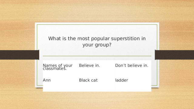 What is the most popular superstition in your group?   Ann Names of your classmates.   Black cat Believe in. ladder   Don’t believe in.               