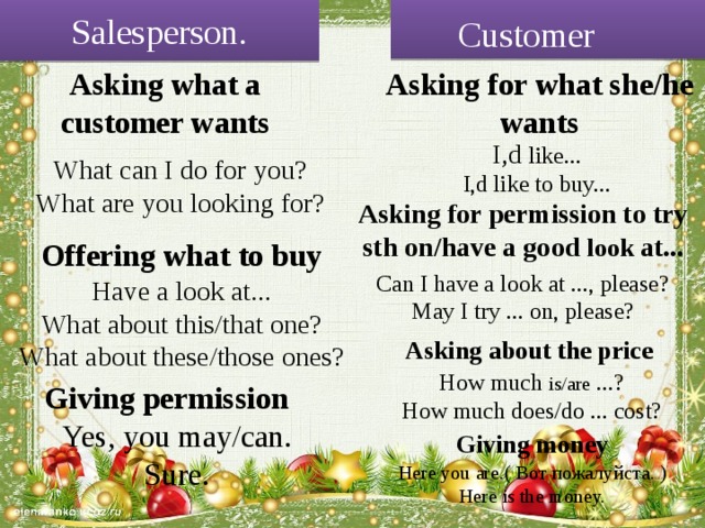Customer  Salesperson. Asking what a customer wants Asking for what she/he wants I,d like... I,d like to buy... What can I do for you? What are you looking for? Asking for permission to try sth on/have a good look at... Offering what to buy Can I have a look at ..., please? May I try ... on, please? Have a look at... What about this/that one? What about these/those ones? Asking about the price How much is/are ...? How much does/do ... cost? Giving permission Yes, you may/can. Sure. Giving money Here you are.( Вот пожалуйста. ) Here is the money. 