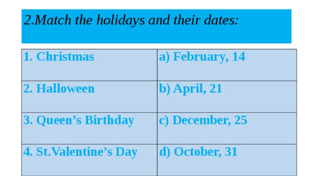 2.Match the holidays and their dates:   1. Christmas  a) February, 14 2. Halloween b) April, 21 3. Queen’s Birthday c) December, 25 4. St.Valentine’s Day d) October, 31 