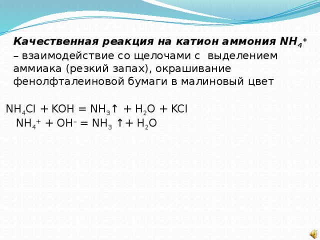 Взаимодействие аммония с водой. Качественная реакция на катион аммония nh4+.
