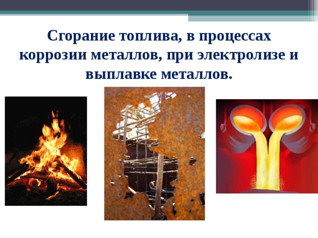 Сгорание топлива, в процессах коррозии металлов, при электролизе и выплавке металлов. 