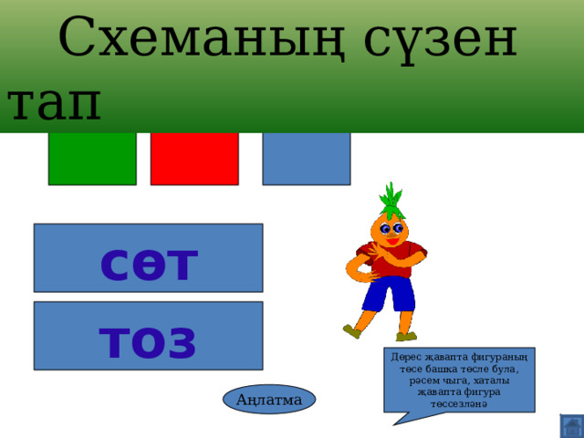  Схеманың сүзен тап сөт тоз Дөрес җавапта фигураның төсе башка төсле була, рәсем чыга, хаталы җавапта фигура төссезләнә Аңлатма 