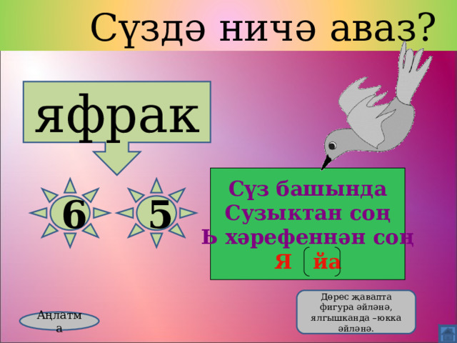  Сүздә ничә аваз? яфрак Сүз башында Сузыктан соң Ь хәрефеннән соң Я йа 6 5  Дөрес җавапта фигура әйләнә, ялгышканда –юкка әйләнә. Аңлатма 