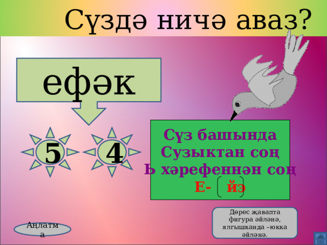  Сүздә ничә аваз? ефәк Сүз башында Сузыктан соң Ь хәрефеннән соң Е- йэ 5 4  Дөрес җавапта фигура әйләнә, ялгышканда –юкка әйләнә. Аңлатма 