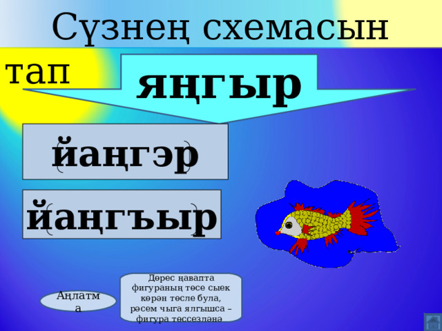  Сүзнең схемасын тап яңгыр йаңгэр  йаңг ъ ыр  Дөрес ңавапта фигураның төсе сыек көрән төсле була, рәсем чыга ялгышса –фигура төссезләнә Аңлатма 