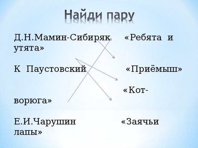 Д.Н.Мамин-Сибиряк «Ребята и утята» К Паустовский «Приёмыш»  «Кот-ворюга» Е.И.Чарушин «Заячьи лапы» 