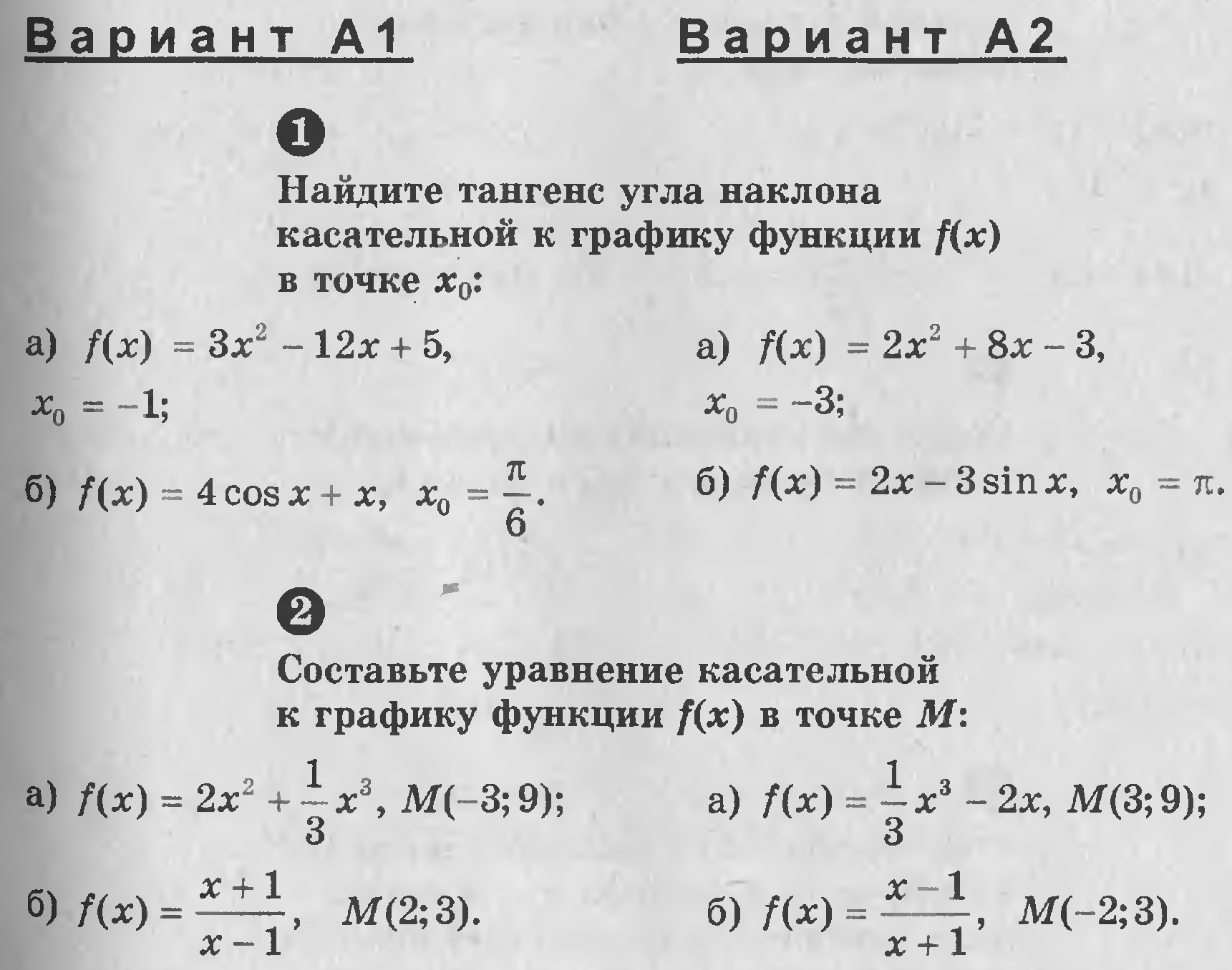 Геометрический смысл производной контрольная работа 11 класс