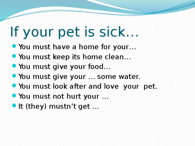 If your pet is sick… You must have a home for your… You must keep its home clean… You must give your food… You must give your … some water. You must look after and love your pet. You must not hurt your … It (they) mustn’t get ... 