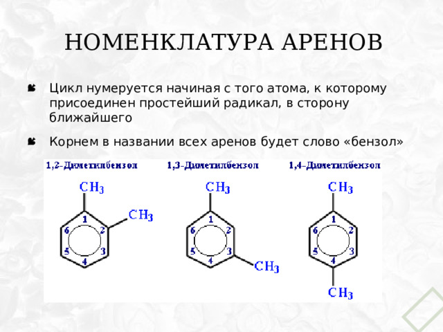 Номенклатура аренов Цикл нумеруется начиная с того атома, к которому присоединен простейший радикал, в сторону ближайшего Корнем в названии всех аренов будет слово «бензол» 