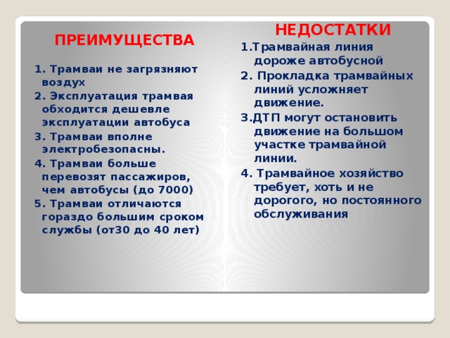 Объяснить преимущество. Преимущества и недостатки трамвая. Недостатки трамвая. Достоинства трамвая. Достоинства и недостатки автобуса.