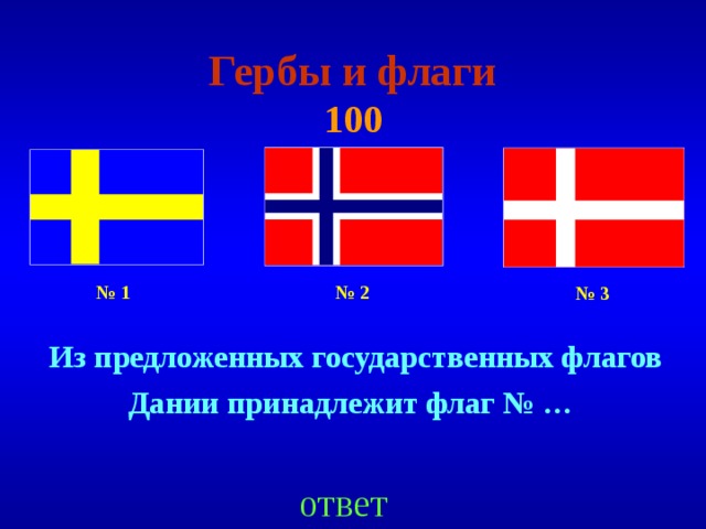 Гербы и флаги  100 № 2 № 1 № 3 Из предложенных государственных флагов Дании принадлежит флаг № …  ответ 