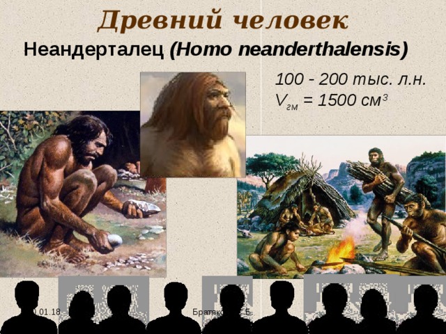 Древний человек Неандерталец  (Homo neanderthalensis ) 1 00 - 200 тыс. л.н. V гм = 1 5 00 см 3 10.01.18  Братякова С.Б. 