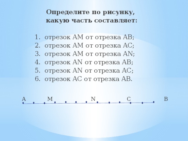 Определите по рисунку, какую часть составляет:  1. отрезок АМ от отрезка АВ;  2. отрезок АМ от отрезка АС;  3. отрезок АМ от отрезка АN;  4. отрезок АN от отрезка АВ;  5. отрезок АN от отрезка АС;  6. отрезок АС от отрезка АВ.       А М N C В 