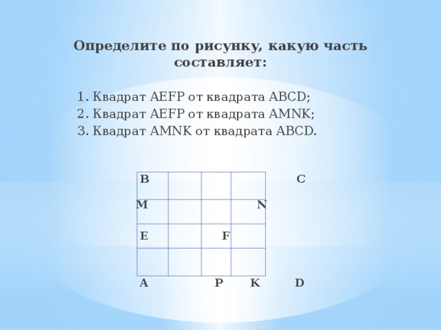  Определите по рисунку, какую часть составляет:  1. Квадрат AEFP от квадрата АВСD;  2. Квадрат AEFP от квадрата АMNK;  3. Квадрат АMNK от квадрата АВСD.   В С   M N   E F    A P K D  