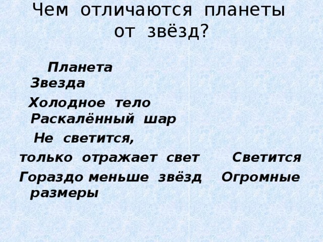 Чем планеты отличаются от звезд 2 класс