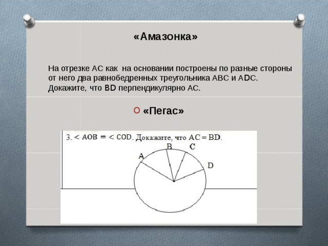 «Амазонка» На отрезке АС как на основании построены по разные стороны от него два равнобедренных треугольника АВС и А D С. Докажите, что BD перпендикулярно АС. «Пегас» 