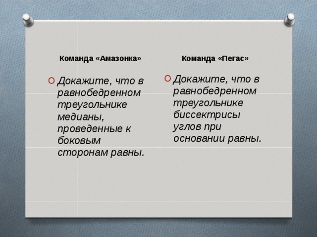 Команда «Амазонка» Команда «Пегас» Докажите, что в равнобедренном треугольнике биссектрисы углов при основании равны. Докажите, что в равнобедренном треугольнике медианы, проведенные к боковым сторонам равны.  