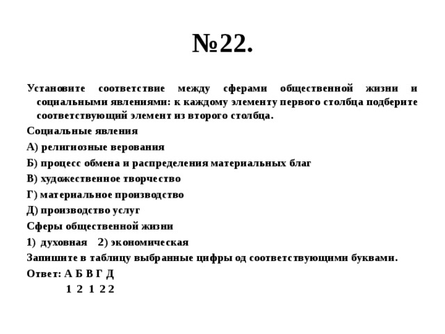 № 22. Установите соответствие между сферами общественной жизни и социальными явлениями: к каждому элементу первого столбца подберите соответствующий элемент из второго столбца. Социальные явления А) религиозные верования Б) процесс обмена и распределения материальных благ В) художественное творчество Г) материальное производство Д) производство услуг Сферы общественной жизни духовная 2) экономическая Запишите в таблицу выбранные цифры од соответствующими буквами. Ответ: А Б В Г Д  1 2 1 2 2 