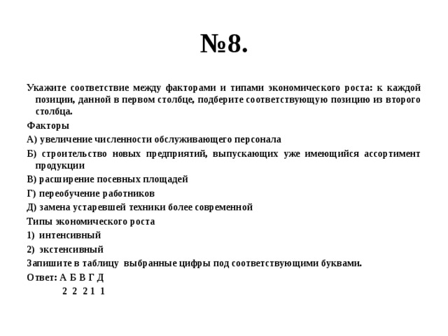 № 8. Укажите соответствие между факторами и типами экономического роста: к каждой позиции, данной в первом столбце, подберите соответствующую позицию из второго столбца. Факторы А) увеличение численности обслуживающего персонала Б) строительство новых предприятий, выпускающих уже имеющийся ассортимент продукции В) расширение посевных площадей Г) переобучение работников Д) замена устаревшей техники более современной Типы экономического роста интенсивный экстенсивный Запишите в таблицу выбранные цифры под соответствующими буквами. Ответ: А Б В Г Д  2 2 2 1 1 