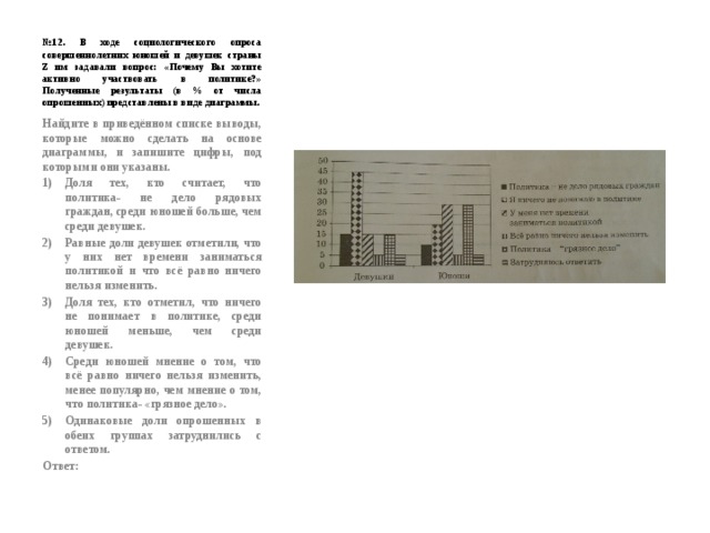 № 12. В ходе социологического опроса совершеннолетних юношей и девушек страны Z им задавали вопрос: «Почему Вы хотите активно участвовать в политике?» Полученные результаты (в % от числа опрошенных) представлены в виде диаграммы. Найдите в приведённом списке выводы, которые можно сделать на основе диаграммы, и запишите цифры, под которыми они указаны. Доля тех, кто считает, что политика- не дело рядовых граждан, среди юношей больше, чем среди девушек. Равные доли девушек отметили, что у них нет времени заниматься политикой и что всё равно ничего нельзя изменить. Доля тех, кто отметил, что ничего не понимает в политике, среди юношей меньше, чем среди девушек. Среди юношей мнение о том, что всё равно ничего нельзя изменить, менее популярно, чем мнение о том, что политика- «грязное дело». Одинаковые доли опрошенных в обеих группах затруднились с ответом. Ответ: 