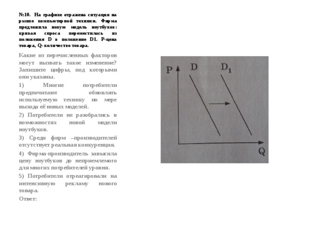 № 10. На графике отражена ситуация на рынке компьютерной техники. Фирма предложила новую модель ноутбуков: кривая спроса переместилась из положения D в положение D1. Р-цена товара, Q- количество товара. Какие из перечисленных факторов могут вызвать такое изменение? Запишите цифры, под которыми они указаны. 1) Многие потребители предпочитают обновлять используемую технику по мере выхода её новых моделей. 2) Потребители не разобрались в возможностях новой модели ноутбуков. 3) Среди фирм –производителей отсутствует реальная конкуренция. 4) Фирма-производитель завысила цену ноутбуков до неприемлемого для многих потребителей уровня. 5) Потребители отреагировали на интенсивную рекламу нового товара. Ответ: 