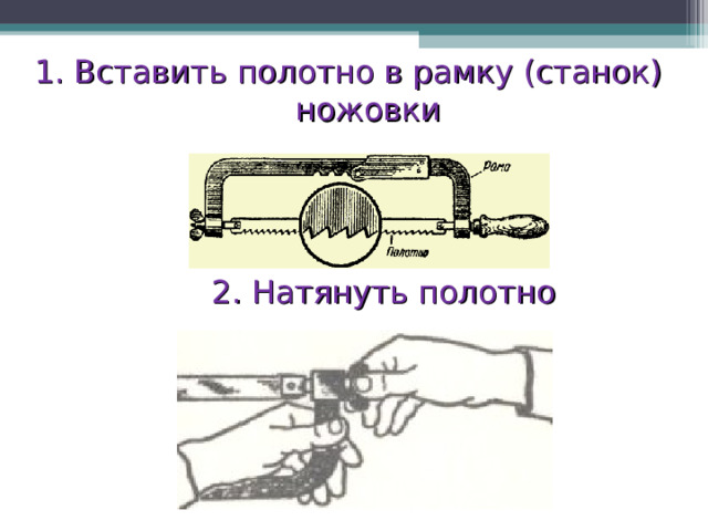 1. Вставить полотно в рамку (станок) ножовки 2. Натянуть полотно 2. Натянуть полотно 2. Натянуть полотно 