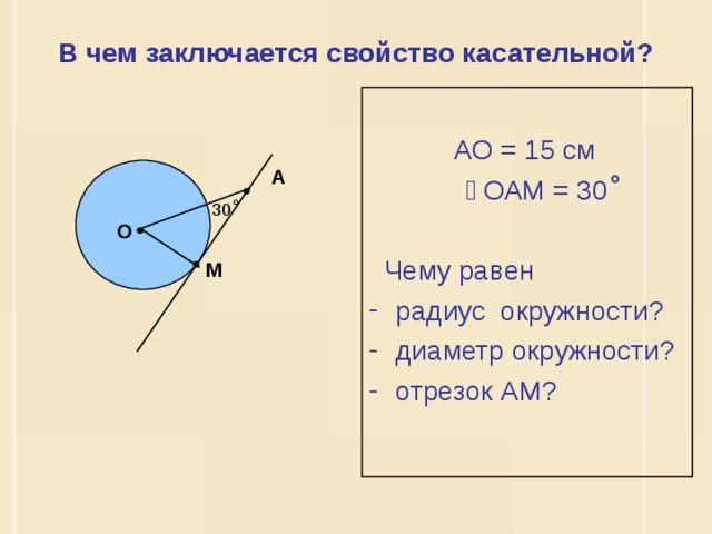 В чем заключается свойство касательной?  АО = 15 см  ے  ОАМ = 30 ˚  Чему равен радиус окружности? диаметр окружности? отрезок АМ? А ˚ О М 