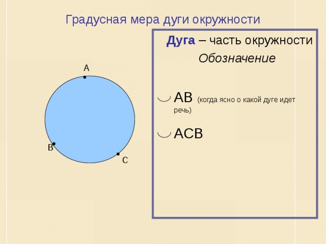 Градусная мера дуги окружности  Дуга – часть окружности  Обозначение А АВ  ( когда ясно о какой дуге идет речь) АСВ В С 