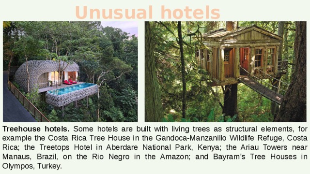 Unusual hotels Treehouse hotels. Some hotels are built with living trees as structural elements, for example the Costa Rica Tree House in the Gandoca-Manzanillo Wildlife Refuge, Costa Rica; the Treetops Hotel in Aberdare National Park, Kenya; the Ariau Towers near Manaus, Brazil, on the Rio Negro in the Amazon; and Bayram’s Tree Houses in Olympos, Turkey. 