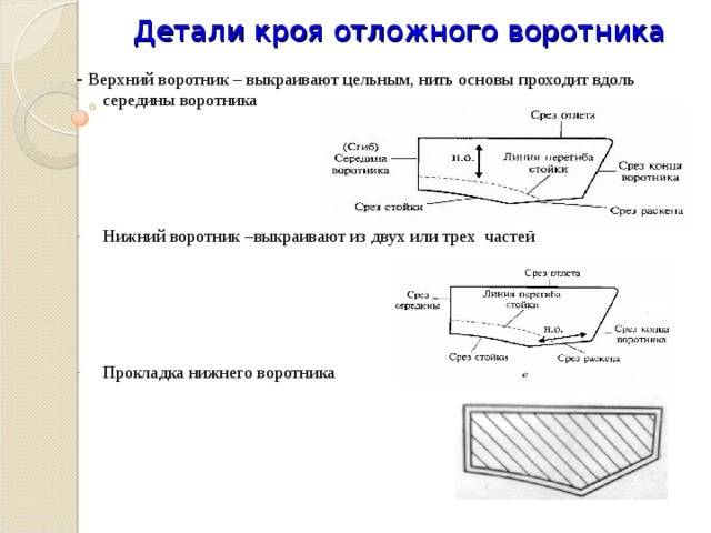 Детали кроя отложного воротника - Верхний воротник – выкраивают цельным, нить основы проходит вдоль середины воротника Нижний воротник –выкраивают из двух или трех частей     Прокладка нижнего воротника  