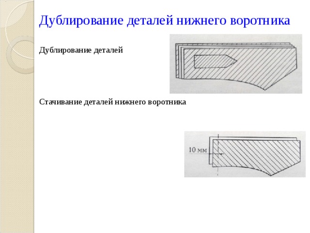 Дублирование деталей нижнего воротника   Дублирование деталей      Стачивание деталей нижнего воротника 