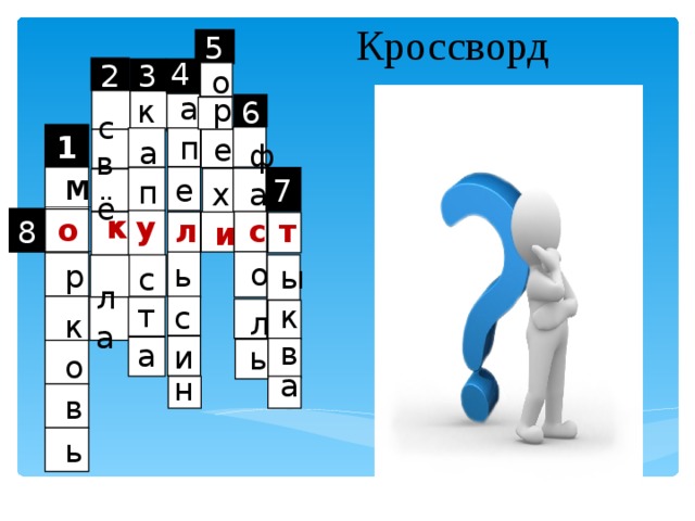 Кроссворд 5 4 2 3 о  с а р к 6  в 1 п е а ф  ё м е 7 п х а к у о л т с 8 и  л о ь р ы с  а т к с л к в а и ь о а н в ь 