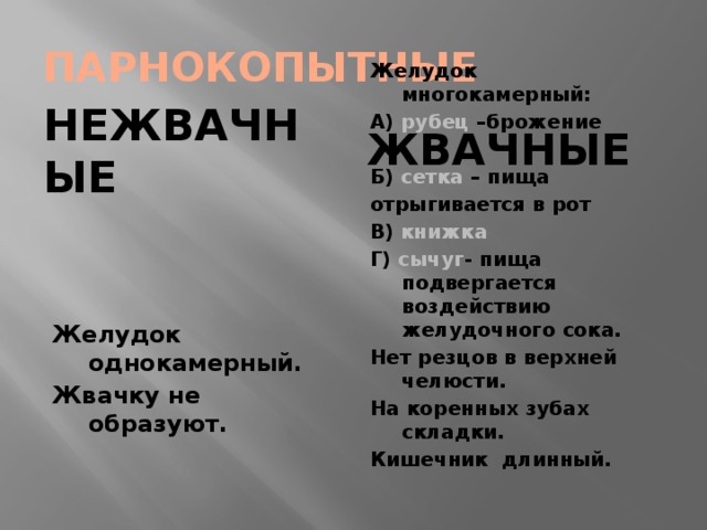 ПАРНОКОПЫТНЫЕ ЖВАЧНЫЕ НЕЖВАЧНЫЕ Желудок однокамерный. Желудок многокамерный: Жвачку не образуют. А) рубец –брожение   Б) сетка – пища отрыгивается в рот В) книжка Г) сычуг - пища подвергается воздействию желудочного сока. Нет резцов в верхней челюсти. На коренных зубах складки. Кишечник длинный. 