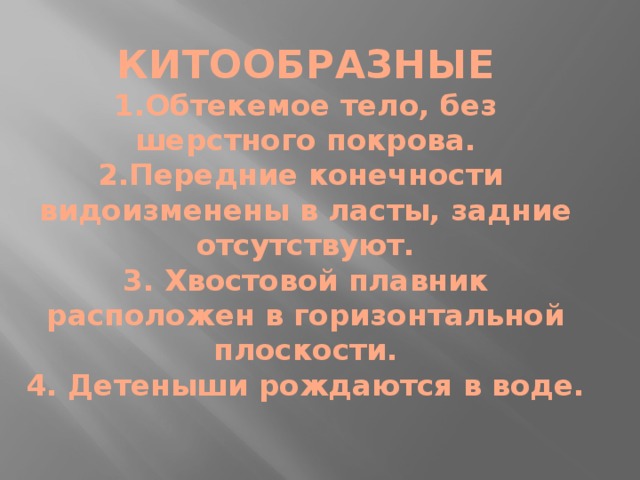 КИТООБРАЗНЫЕ  1.Обтекемое тело, без шерстного покрова.  2.Передние конечности видоизменены в ласты, задние отсутствуют.  3. Хвостовой плавник расположен в горизонтальной плоскости.  4. Детеныши рождаются в воде. 