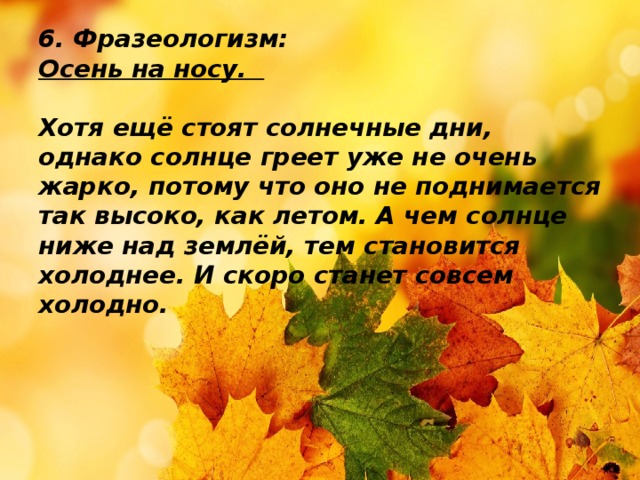 6. Фразеологизм:  Осень на носу.   Хотя ещё стоят солнечные дни, однако солнце греет уже не очень жарко, потому что оно не поднимается так высоко, как летом. А чем солнце ниже над землёй, тем становится холоднее. И скоро станет совсем холодно.   