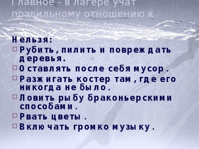 Главное - в лагере учат правильному отношению к природе, к Байкалу. Нельзя: Рубить, пилить и повреждать деревья. Оставлять после себя мусор . Разжигать костер там, где его никогда не было . Ловить рыбу браконьерскими способами . Рвать цветы . Включать громко музыку .  