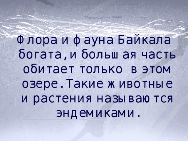 Флора и фауна Байкала богата, и большая часть обитает только в этом озере. Такие животные и растения называются эндемиками. 