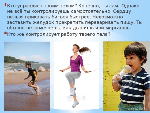Кто управляет твоим телом? Конечно, ты сам! Однако не всё ты контролируешь самостоятельно. Сердцу нельзя приказать биться быстрее. Невозможно заставить желудок прекратить переваривать пищу. Ты обычно не замечаешь, как дышишь или моргаешь. Кто же контролирует работу твоего тела? 