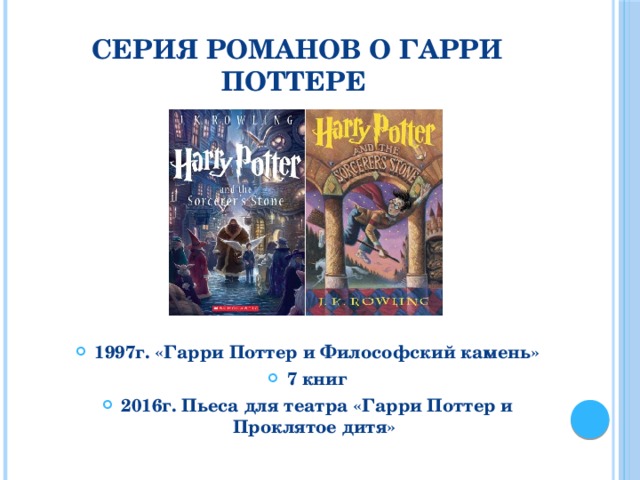  Серия романов о Гарри Поттере «Гарри Поттер и философский камень» вышел в июне 1997 года и стал сенсацией — роман начинающей и никому неизвестной писательницы был признан в Великобритании лучшей детской книгой года. В 2016 году Джоан Роулинг, Джек Торн и Джон Тиффани написали захватывающую пьесу, которая станет восьмой по счету в цикле о волшебнике Гарри Поттере и первой, созданной специально для театральной сцены. 1997г. «Гарри Поттер и Философский камень» 7 книг 2016г. Пьеса для театра «Гарри Поттер и Проклятое дитя»  